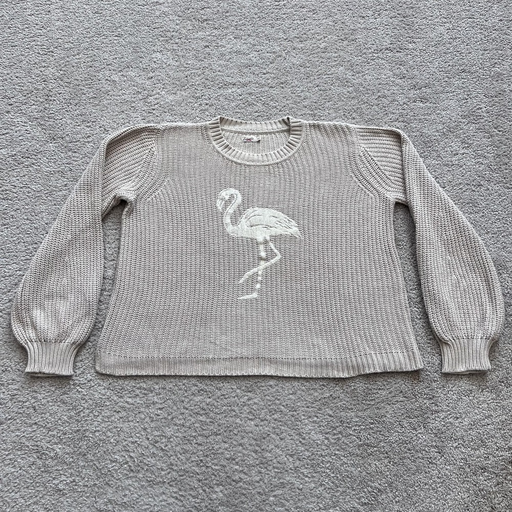 Faherty Embroidered Flamingo Sweater Womens M Beige Balloon Sleeve Crewneck